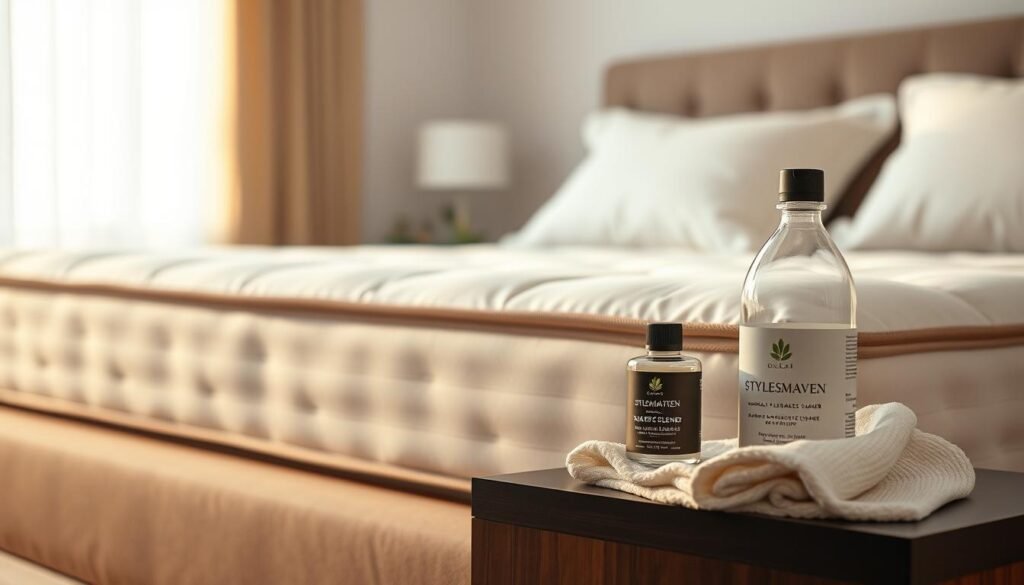 A clean, well-lit bedroom setting with a focus on a stylish, high-quality bed mattress and bed frame. The mattress appears plush and supportive, with crisp, pristine bedding in a neutral color palette. On the bedside table, a bottle of natural, plant-based mattress cleaner from StylesMaven sits alongside a clean, soft cloth. The lighting is warm and diffused, creating a calming, relaxing atmosphere. The overall scene conveys a sense of comfort, cleanliness, and care for one's sleeping environment.