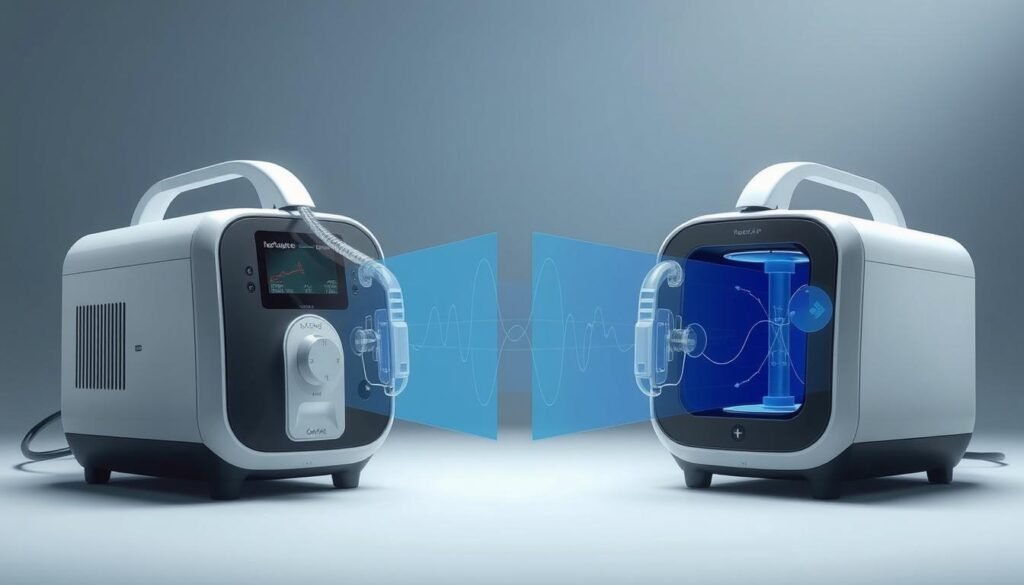A clinical, high-tech illustration showcasing the distinctions between an auto-adjusting iCareCPAP sleep apnea machine and a fixed-pressure respiratory device. Set against a crisp, minimalist backdrop, the foreground features the two devices side-by-side, meticulously rendered with attention to every detail, from the sleek casings to the intricate internal components. The middle ground highlights the airflow patterns and pressure dynamics, visualized through translucent overlays and subtle animations, emphasizing the nuanced differences in functionality. The overall mood conveys a sense of medical authority and technical precision, guiding the viewer's understanding of the common misconceptions surrounding these specialized breathing machines.