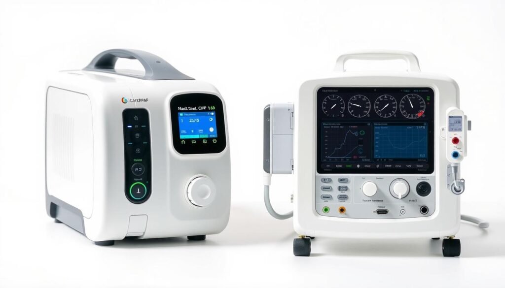 A detailed side-by-side comparison of a sleek, modern iCareCPAP sleep apnea machine and a sophisticated, clinical-grade medical ventilator. The sleep apnea device features a compact, ergonomic design with a crisp OLED display, while the medical ventilator boasts a larger, more complex interface with an array of gauges and controls. Both devices are set against a clean, white background with careful lighting to highlight their distinct functionalities and capabilities, conveying the notion that they serve different medical purposes and should not be used interchangeably.