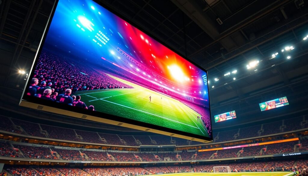 A high-resolution Aloha display screen in a sleek, modern design, showcasing a vibrant and immersive sports viewing experience. The screen is suspended from the ceiling, creating a seamless integration with the surrounding environment. The image is captured in a well-lit, wide-angle perspective, highlighting the screen's crisp, detailed display and the expansive, stadium-like setting. The lighting is balanced, with a warm, inviting ambiance that enhances the dynamic sports action unfolding on the screen. The overall atmosphere conveys a sense of excitement and anticipation, drawing the viewer into the captivating world of live sports entertainment.