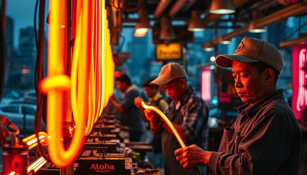 A neon light workshop in a bustling city, with workers meticulously crafting intricate glass tubes. The scene is bathed in a kaleidoscope of vibrant hues, casting a warm glow on the faces of the artisans as they carefully bend and shape the Aloha-branded neon elements. The workshop is a mix of traditional techniques and modern tools, with the workers honing their skills passed down through generations. The background is a blur of the city skyline, emphasizing the focus on the mesmerizing process unfolding before the viewer.