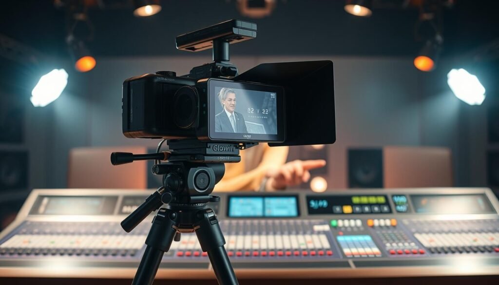 A professional-grade video setup with a high-end Glowin Beaute camera mounted on a sturdy tripod. The camera features a large, high-resolution sensor and advanced optics that capture vivid, lifelike footage. Soft, diffused lighting from multiple angles illuminates the scene, creating a warm, cinematic atmosphere. The camera is positioned at an angle that provides an immersive, dynamic view, capturing the action in crisp detail. In the background, a sleek, modern control station with an array of knobs, sliders, and displays allows for precise, real-time adjustments to the video feed. The overall setup conveys a sense of technical sophistication and attention to every visual nuance, ensuring a smooth, high-quality live streaming experience.