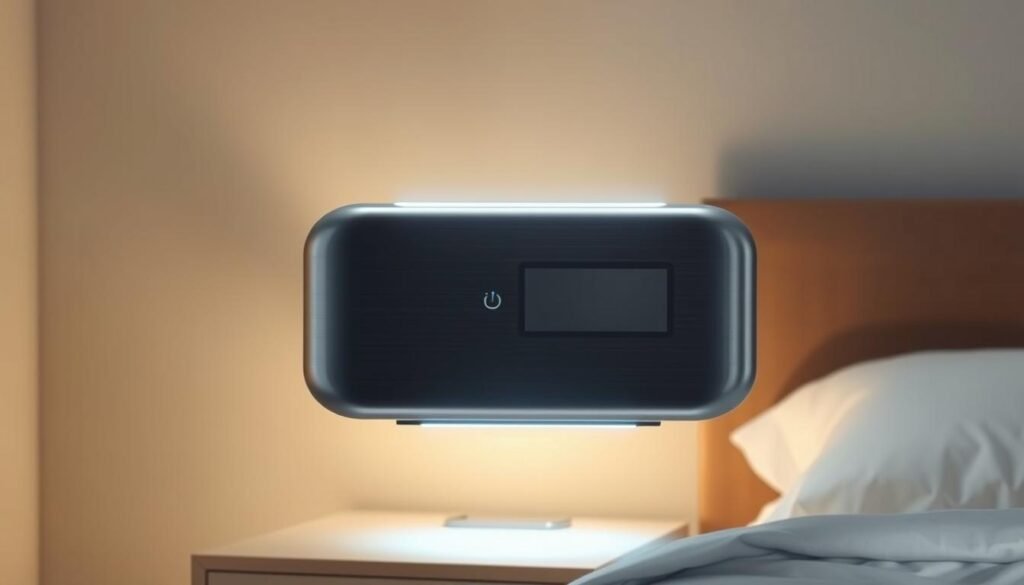 A sleek, futuristic medical device with minimalist design, the iCareCPAP sleep apnea machine hovers above a nightstand, emitting a soft, ambient glow. The device's brushed metal exterior and intuitive control panel exude a sense of advanced, whisper-quiet technology. The background is a serene, calming bedroom scene with muted tones, casting a warm, soothing atmosphere. The overall composition conveys a sense of effortless comfort and relief from the common issues of noisy medical equipment, highlighting the innovative noise control features of the iCareCPAP.