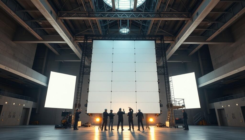 A vast, open space with concrete flooring and exposed ceiling beams. Bright, diffused lighting illuminates the area, casting a warm, inviting glow. In the center, a team of technicians carefully assembles a towering Aloha display screen, its sleek, modular panels gleaming. The background features steel support structures and scaffolding, hinting at the complex infrastructure required for this installation. The overall atmosphere conveys a sense of precise planning, technical expertise, and the anticipation of a grand event. Capture the meticulous attention to detail and the collaborative effort required to ensure a successful display screen setup.