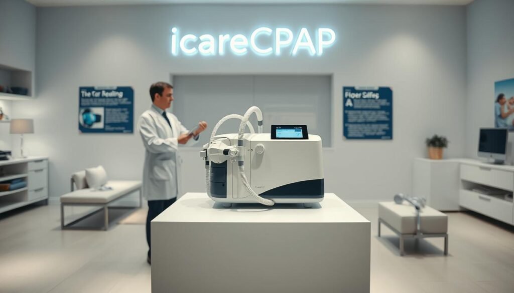 A well-lit, high-resolution image of a professional-grade sleep apnea CPAP machine in a modern, minimalist medical equipment showroom. The machine is displayed on a sleek, white pedestal, surrounded by clean, contemporary furniture and decor. The lighting is soft and diffused, highlighting the machine's advanced features and design. In the foreground, a technician in a crisp, white lab coat is demonstrating the machine's use, while the background features informative signage displaying the iCareCPAP brand name and technical specifications. The overall scene conveys a sense of expertise, professionalism, and the importance of proper CPAP usage for sleep health.