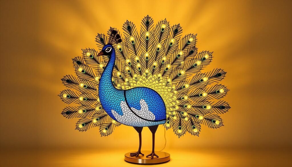 Aloha LED peacock lamp, a stunning centerpiece with intricately detailed peacock feather patterns illuminated by an array of warm LED lights. The lamp stands tall on a sleek metal base, casting a soft, ambient glow that creates a mesmerizing, gallery-worthy display. Intricate feather patterns in shimmering blue, green, and gold hues are meticulously rendered, giving the impression of a living, breathing peacock. Elegant and contemporary, this lamp effortlessly blends modern design with traditional elements, making it a captivating focal point for any space.