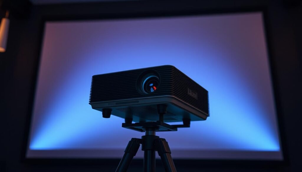 Aloha projector, a sleek and modern device with a crisp, high-definition display. Positioned on a sturdy, adjustable stand, the projector casts a captivating image onto a large, seamless screen. The lens is designed for optimal clarity, ensuring vivid colors and sharp details. Subtle yet powerful, the Aloha projector's efficient LED lighting system illuminates the scene with a warm, ambient glow, creating an immersive and inviting atmosphere. The compact, minimalist design blends seamlessly into any space, making it the perfect centerpiece for a home theater or office presentation.