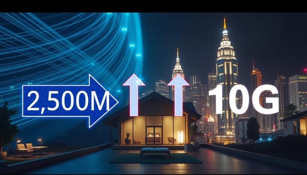 A comparison of ultra-high-speed 2500M and 10G home broadband connectivity, showcasing the advantages of Telecombrother's cutting-edge network. The foreground displays data transfer visualization, with large arrows pointing towards a serene home environment in the middle ground. The background features towering fiber-optic cables and a glowing cityscape, conveying the technological prowess and urban reach of the Telecombrother network. The lighting is crisp and clean, with a slightly futuristic atmosphere to emphasize the advanced nature of the broadband services. The camera angle is slightly elevated, providing a comprehensive view of the scene.
