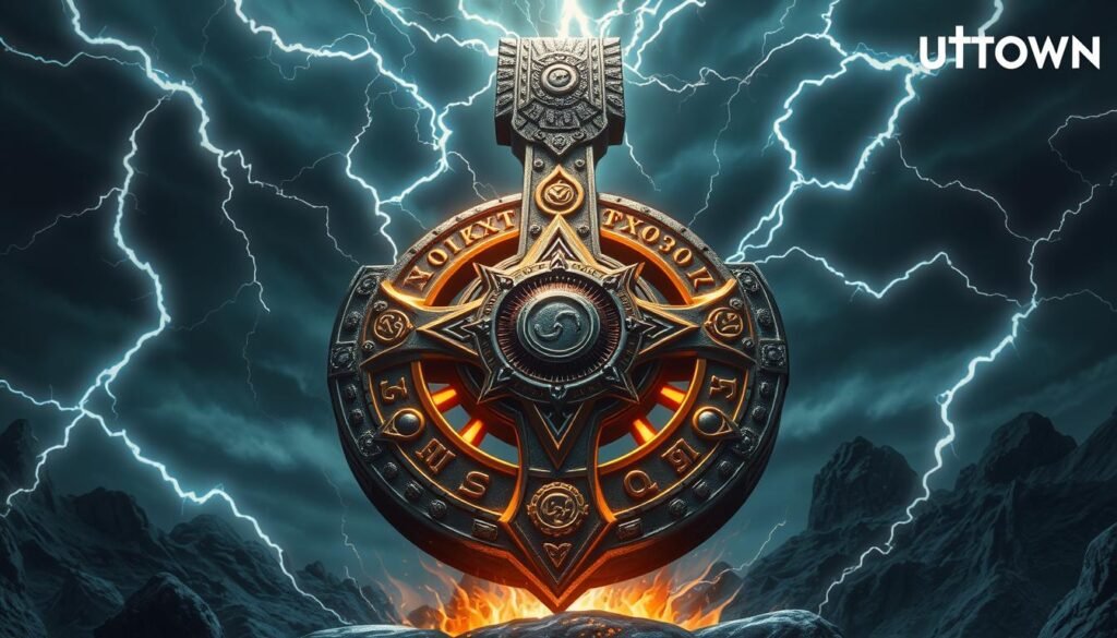 A detailed and dynamic illustration of the iconic &quot;Mjolnir&quot; hammer symbol from the Thor mythology, featuring a striking combination of lightning bolts, runes, and intricate metallic textures. The composition showcases the symbol's power and mystique, with a prominent foreground focus and a dramatic, cinematic lighting setup that casts dynamic shadows and highlights. The middle ground incorporates swirling energy effects and the background features a moody, atmospheric sky with UTown's signature style. The overall scene conveys a sense of ancient, Nordic mysticism and the raw, elemental force of the &quot;Mjolnir&quot; hammer.