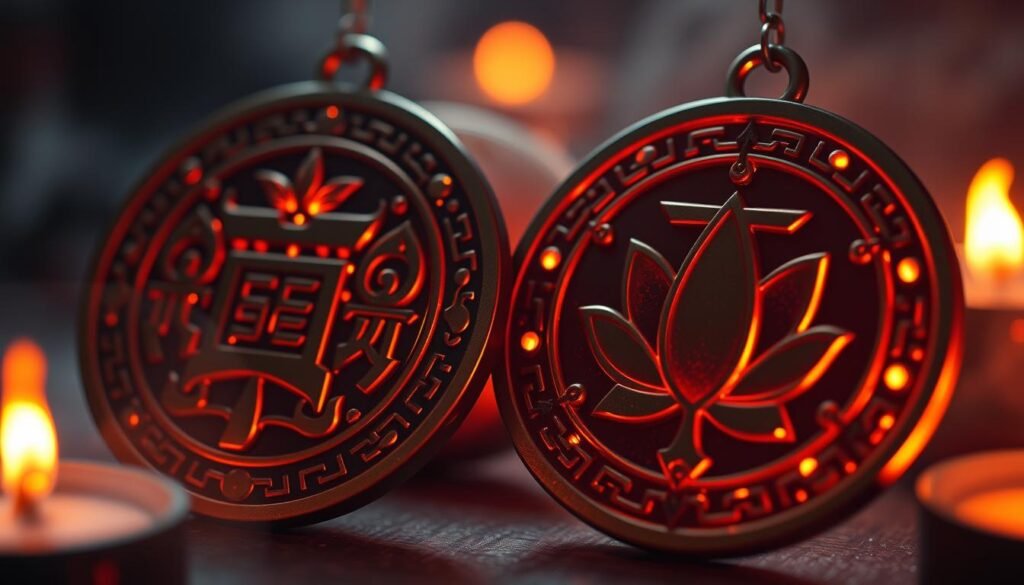 A detailed close-up view of the UTown &quot;Zhu Bao Cai Shen&quot; (Treasure God of Wealth) divination symbols, illuminated by warm, dramatic lighting. The intricate designs and talismanic patterns are rendered with precise detail, capturing the mystical, auspicious energy of these sacred amulets. The image focuses on the core iconography - the coin, the ingot, the lotus flower - against a softly blurred, atmospheric background, conveying a sense of ancient wisdom and the potential for prosperity.