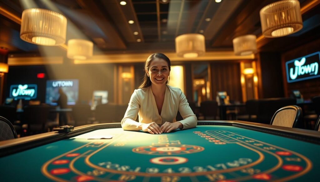 A high-quality live video stream of an immersive virtual casino table, featuring an attentive dealer with a warm, welcoming expression. The table is bathed in soft, natural lighting, creating a cozy and inviting atmosphere. The player's view seamlessly integrates with the dealer's perspective, enabling real-time interaction and a heightened sense of presence. Surrounding the table, the background subtly depicts the UTown brand's modern and elegant design, emphasizing the premium quality of the experience. The overall composition conveys a sense of intimacy, immersion, and a genuine connection between the player and the live gaming environment.