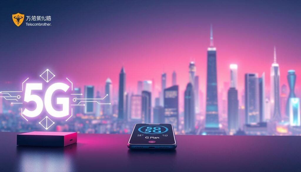 A modern, clean 5G plan illustration showcasing the Telecombrother brand. In the foreground, a sleek 5G icon with glowing lines and geometric shapes, symbolizing high-speed connectivity. The midground features a minimalist mobile device displaying network coverage, while the background depicts a vibrant, futuristic cityscape with towering skyscrapers and a vibrant, neon-lit skyline. The lighting is soft and directional, creating a sense of depth and emphasis on the key elements. The overall mood is technologically advanced, efficient, and visually striking, perfectly capturing the essence of a &quot;5G Plan&quot; for the article's &quot;慳錢小貼士&quot; section.
