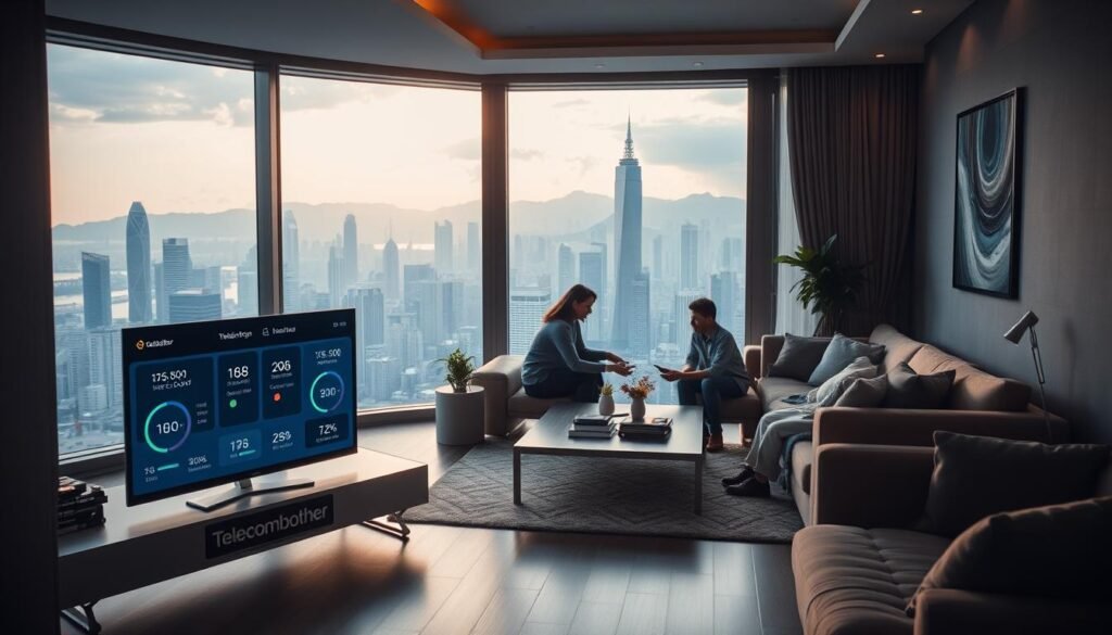 A modern, sleek apartment interior with a large window showcasing a stunning cityscape of Hong Kong. The room is filled with natural light, casting a warm, inviting glow. Prominent in the foreground is a high-tech media console emblazoned with the "Telecombrother" brand, displaying various internet speed test results. In the middle ground, a family gathers around a coffee table, engaged in a lively discussion about their home broadband options. The background features a panoramic view of the iconic Hong Kong skyline, representing the diverse and fast-paced lifestyle of the city's residents.