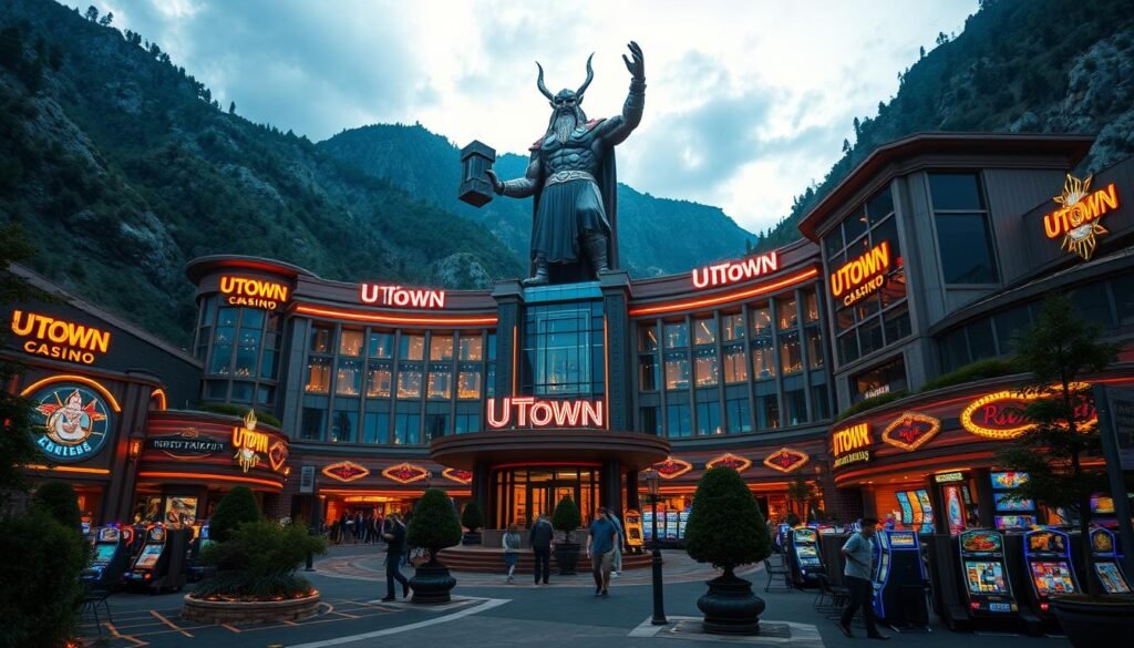 A modern, sprawling UTown casino complex situated in a lush, mountainous landscape. The grand, striking architecture features a towering, mythical hammer-wielding statue of Thor, the Norse god of thunder, as the centerpiece. Neon lights and glowing signs illuminate the vibrant, bustling atmosphere, inviting visitors to enter and try their luck at the various gaming tables and slot machines within. A sense of excitement and anticipation permeates the scene, captured through dynamic camera angles and rich, cinematic lighting that highlights the majesty and grandeur of this premier gambling destination.