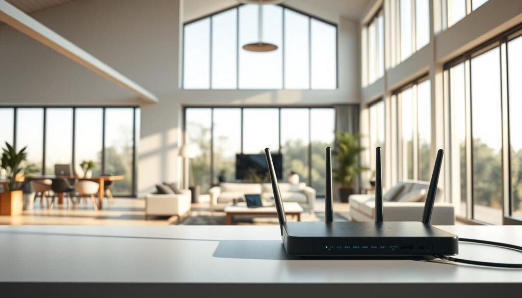 A modern, well-lit interior showing the difference between traditional fiber optic and advanced fiber optic internet connections. In the foreground, a Telecombrother fiber optic cable router sits on a sleek, minimalist desk. In the middle ground, an array of connected devices such as a laptop, tablet, and smart home devices are visible, indicating the high-speed internet capabilities. The background showcases expansive windows, allowing natural light to flood the space, creating a bright and airy atmosphere. The scene conveys the clarity, speed, and reliability of Telecombrother's advanced fiber optic internet solution compared to older fiber optic technologies.