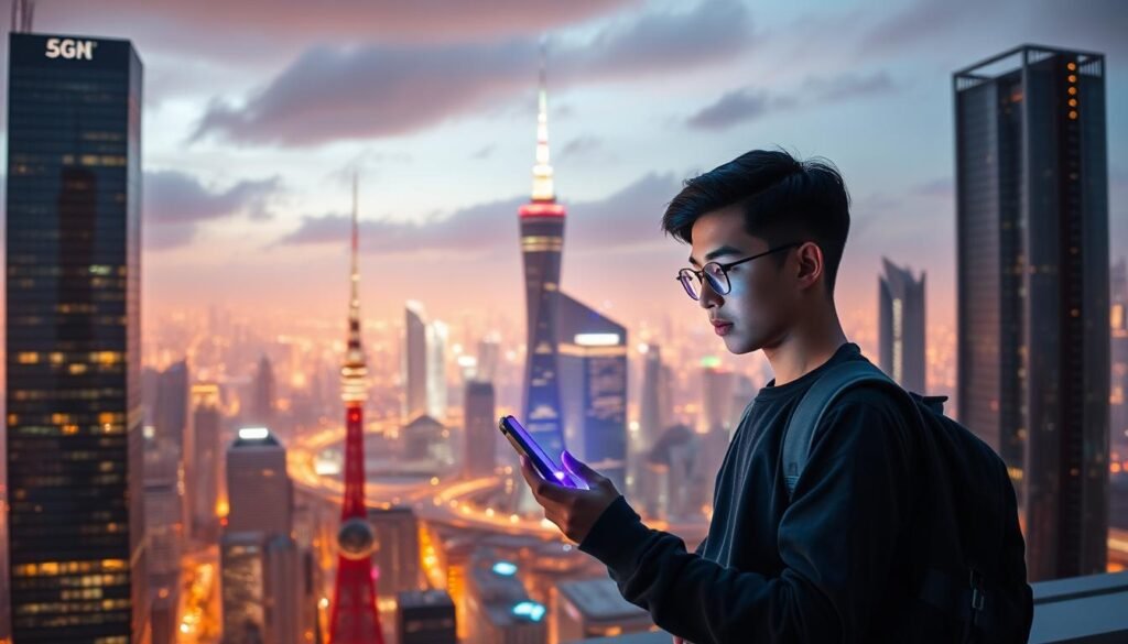 A sleek and modern 5G plan by Telecombrother, showcasing a futuristic cityscape with towering skyscrapers and a vibrant display of lightning-fast network connectivity. In the foreground, a young student holds a smartphone, navigating seamlessly through a vibrant, technology-driven interface. The middle ground features a cluster of 5G towers, emitting a soft, ethereal glow that illuminates the scene. The background is dominated by a panoramic view of the city, bathed in a warm, golden hue, representing the reliable and efficient 5G coverage. The overall composition conveys a sense of progress, innovation, and the student's ability to stay connected and empowered in the digital age.