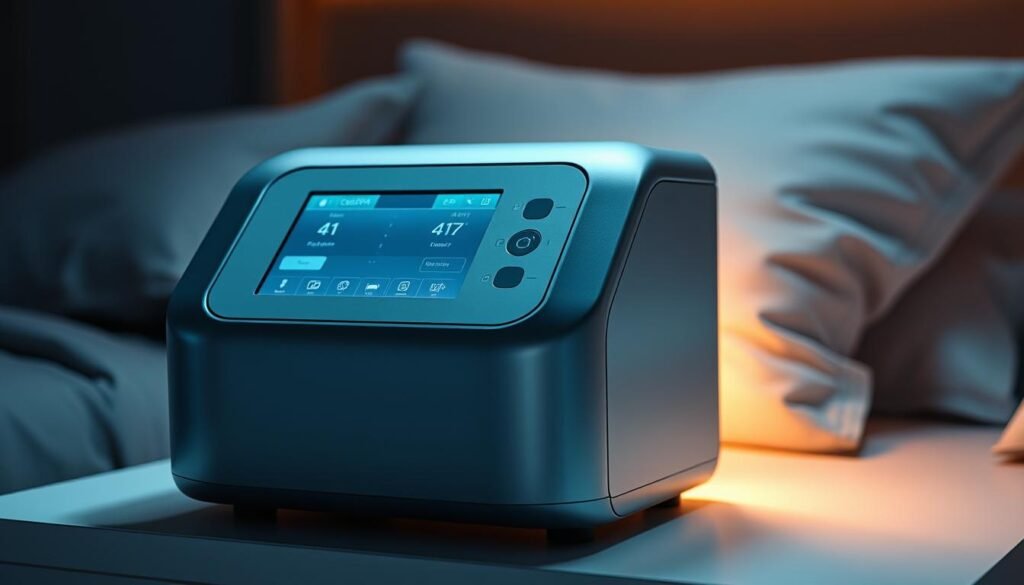 A sophisticated, high-tech iCareCPAP sleep apnea machine, its sleek, modern design featuring a minimalist silver chassis and a large, detailed display screen. The device sits on a nightstand, casting a soft, warm glow throughout the dimly lit bedroom. The machine's elegant lines and subtle backlighting create an atmosphere of comfort and rest, reflecting the vital role it plays in providing restful, restorative sleep. The scene conveys a sense of calm, wellness, and the importance of addressing sleep-related health issues through the use of advanced medical technology.