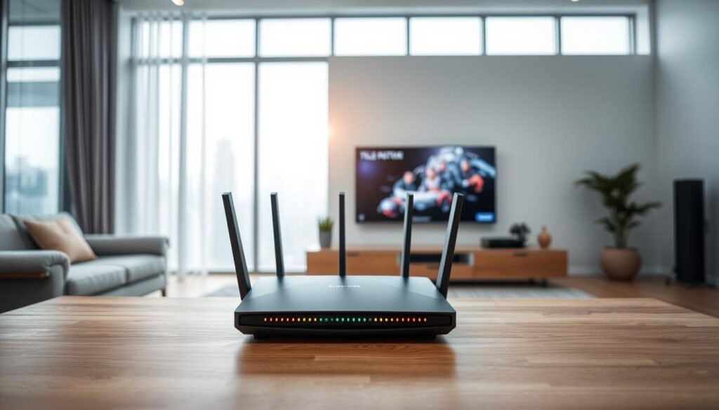 A spacious and modern home interior with a prominent display of high-speed internet equipment. In the foreground, a sleek Telecombrother router rests on a minimalist wooden table, its LED indicators pulsing with data throughput. Behind it, a large flat-screen TV dominates the middle ground, showcasing vivid 4K streaming content. The background features expansive windows, allowing natural light to flood the room and create a bright, airy atmosphere. The overall scene conveys a sense of technological sophistication and seamless connectivity, catering to the needs of tech-savvy Hong Kong residents seeking ultra-fast broadband experiences.