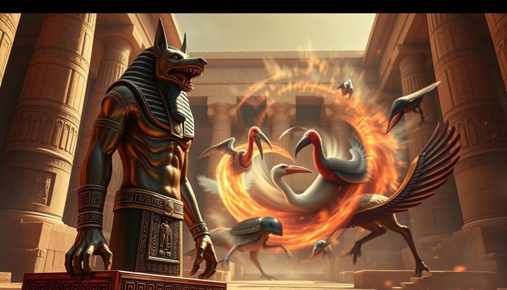 A sweeping, dynamic scene of ancient Egyptian mythology. In the foreground, the powerful figure of the god Seth, his jackal head and muscular form standing tall. Intricate hieroglyphics and sacred symbols adorn his sarcophagus and the surrounding architecture. In the middle ground, a swirling vortex of mythical creatures - a sphinx, ibis, and scarab beetle - all rendered in a vibrant, energetic style. The background is a grand, imposing temple facade, its columns and bas-reliefs bathed in warm, dramatic lighting. The overall atmosphere evokes the mysticism and grandeur of the UTown's ancient Egyptian setting.