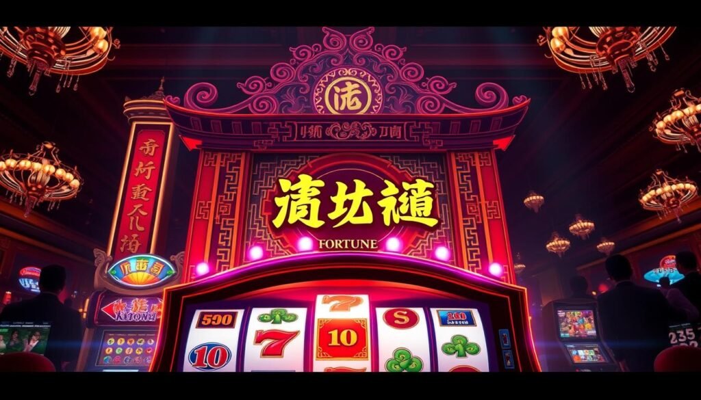 A vibrant and detailed casino-themed illustration depicting the iconic &quot;Caishen's Fortune&quot; slot machine game by UTown. In the foreground, the slot machine's reel symbols and colorful lighting effects take center stage, immersing the viewer in the thrill of the game. The middle ground features a rich, ornate Chinese-inspired backdrop, complete with auspicious symbols and patterns, evoking a sense of prosperity and good fortune. The background showcases a dimly lit casino environment, with hints of glittering chandeliers and the silhouettes of patrons, creating an atmosphere of excitement and anticipation. The lighting is warm and inviting, highlighting the game's dynamic elements and drawing the viewer's attention to the core of the experience.