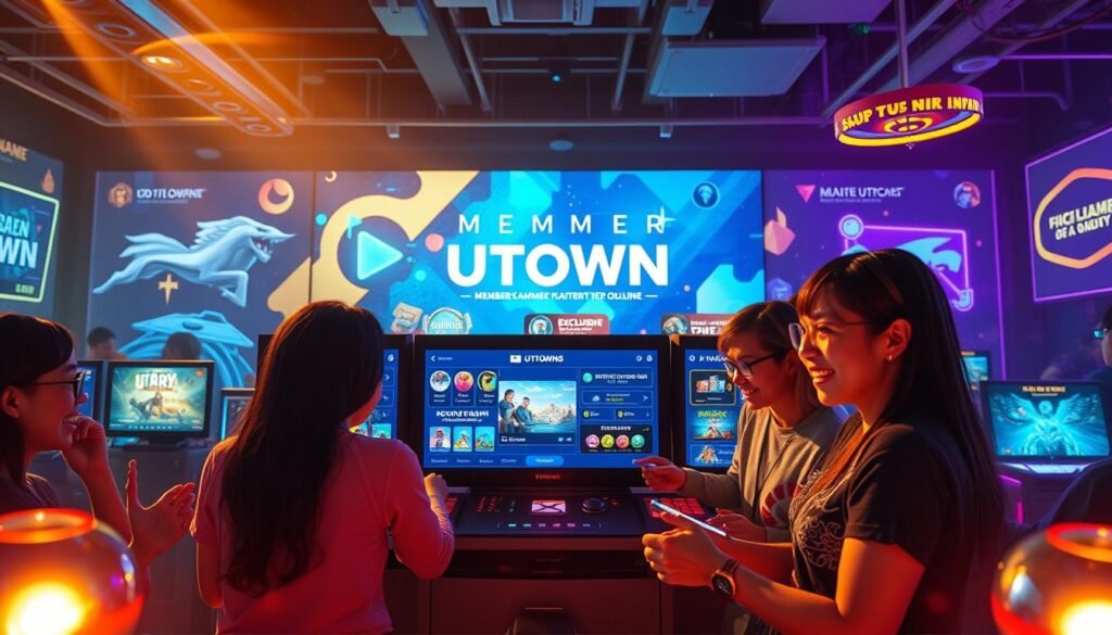 A vibrant scene of an online gaming platform, UTown, where members actively engage and participate. In the foreground, a group of lively characters immersed in various interactive activities, their expressions radiating enthusiasm. The middle ground features a sleek, modern interface with intuitive controls, encouraging seamless user interaction. In the background, a dynamic backdrop showcases the platform's diverse offerings, from thrilling game modes to exclusive promotions, all designed to captivate and retain the members' attention. Warm lighting and a sense of energy permeate the scene, reflecting the platform's commitment to fostering an engaging and rewarding user experience.
