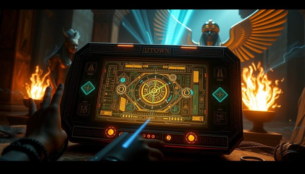 A visually stunning and enigmatic UTown game console, inspired by ancient Egyptian mythology. The sleek, hieroglyphic-adorned exterior evokes the grandeur of the Nile Valley, while the holographic interface showcases the game's unique mechanics. Mesmerizing light beams emanate from the device, casting a mystical glow upon the player's surroundings. Powerful Egyptian deities loom in the background, watchful guardians of the game's captivating narrative. Intricate clockwork mechanisms and otherworldly energy fields suggest a deeply immersive and innovative gaming experience, seamlessly blending history, technology, and the supernatural.