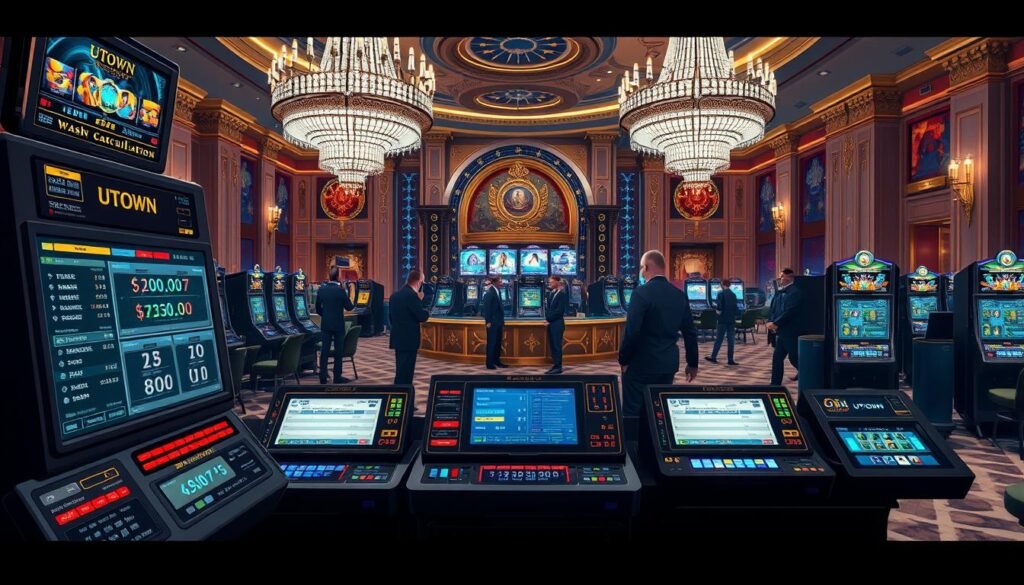 Detailed, high-resolution illustration of the "UTown" casino's wash calculation system. A sophisticated gaming interface with digital displays, input panels, and intricate calculations in the foreground. In the middle ground, a team of casino staff monitoring the system and making adjustments. The background depicts the grand, luxurious interiors of the UTown casino, with chandeliers, marble floors, and elegant furnishings. The scene conveys a sense of technological sophistication, precision, and high-stakes gaming within a lavish, prestigious setting.