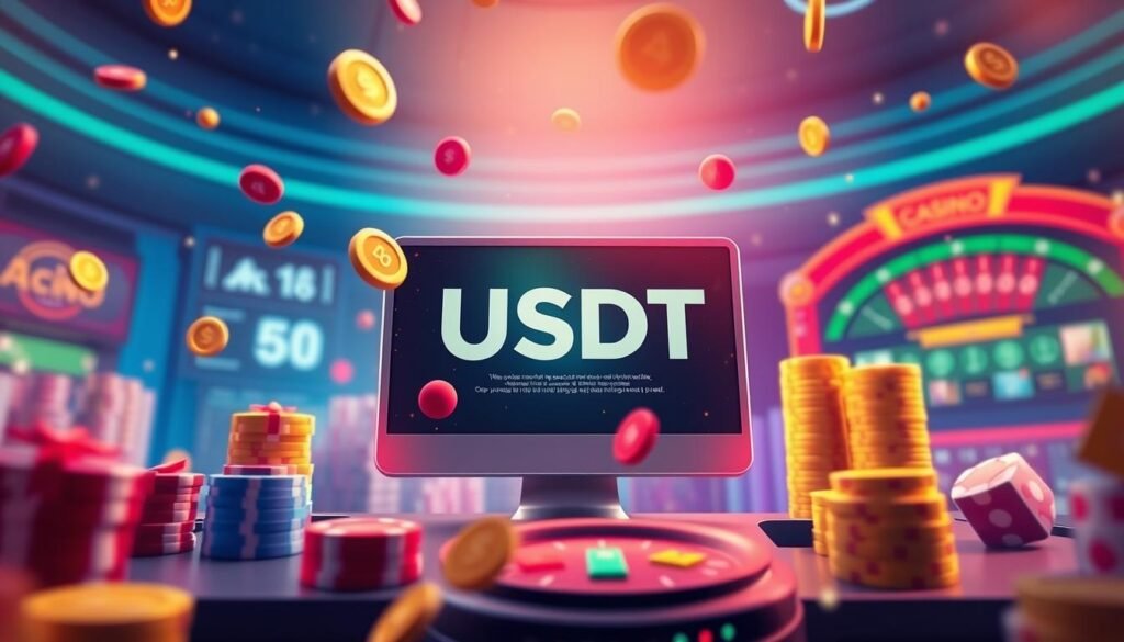 Generate an image representing the advantages of using USDT in online casinos.