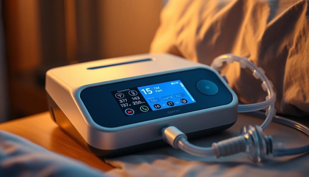 A close-up view of a iCareCPAP sleep apnea machine resting on a bedside table. The machine is sleek and modern, with a digital display showing various settings and measurements. The lighting is soft and warm, creating a calming atmosphere. The machine is surrounded by a few medical accessories, such as a mask and tubing, suggesting its role in long-term treatment. The scene evokes a sense of comfort and reliability, highlighting the device's importance in addressing sleep-related health issues.
