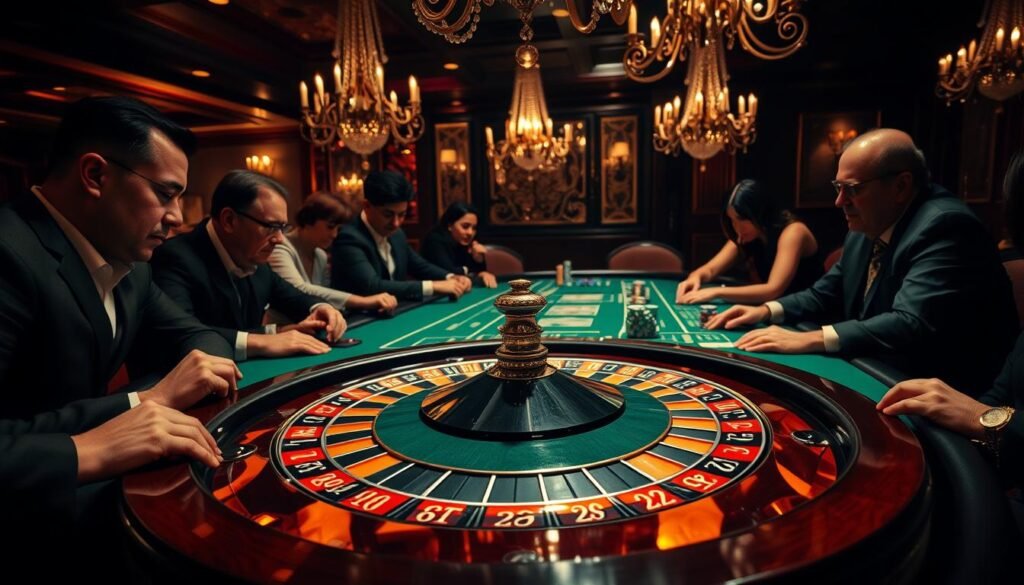 A dimly lit casino table, the green felt surface reflecting the warm glow of elegant chandeliers overhead. In the center, a beautifully detailed roulette wheel, its intricate design casting mesmerizing shadows. Players lean in, faces alight with anticipation, as the ball spins, their chips arranged in precise patterns around the numbered pockets. The atmosphere is one of strategic focus, the rules of baccarat governing every move, each decision made with careful consideration. The scene exudes an air of timeless sophistication, a visual representation of the evolution and enduring appeal of this classic casino game.