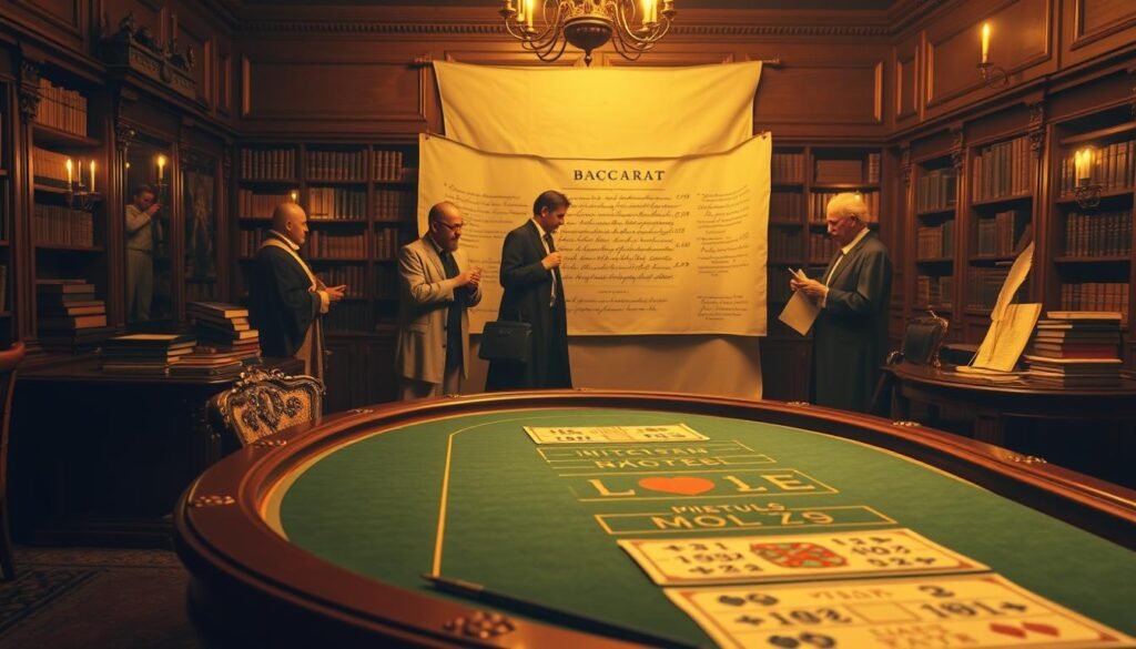 A serene, antique-toned tableau depicting the historical evolution of the rules of baccarat. In the foreground, a vintage baccarat table with ornate carvings and green felt surface, illuminated by warm, soft lighting. In the middle ground, a procession of scholars and mathematicians, deep in discussion, tracing the origins and transformations of baccarat's gameplay on parchment scrolls. The background features a dimly lit, wood-paneled library, hinting at the intellectual and strategic depth inherent in this classic casino game. Subtle details, such as quill pens, leather-bound books, and aged documents, evoke a sense of timelessness and the accumulation of gaming wisdom over the centuries.