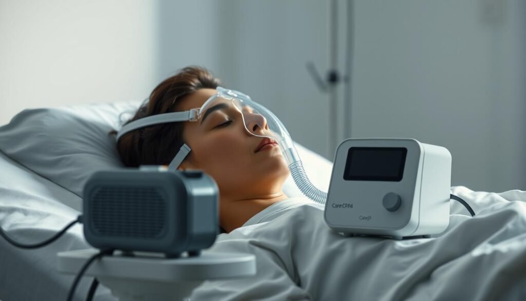 A well-lit, clinical scene depicting a person using a sleek, modern iCareCPAP device. The patient is resting comfortably on a hospital bed, the breathing mask gently covering their nose and mouth. The machine sits on a bedside table, its simple, minimalist design in neutral tones. Soft, indirect lighting illuminates the scene, creating a sense of tranquility and care. The background is slightly blurred, keeping the focus on the machine and the patient's proper usage. The overall atmosphere conveys the importance of following safety guidelines when using a sleep apnea device.
