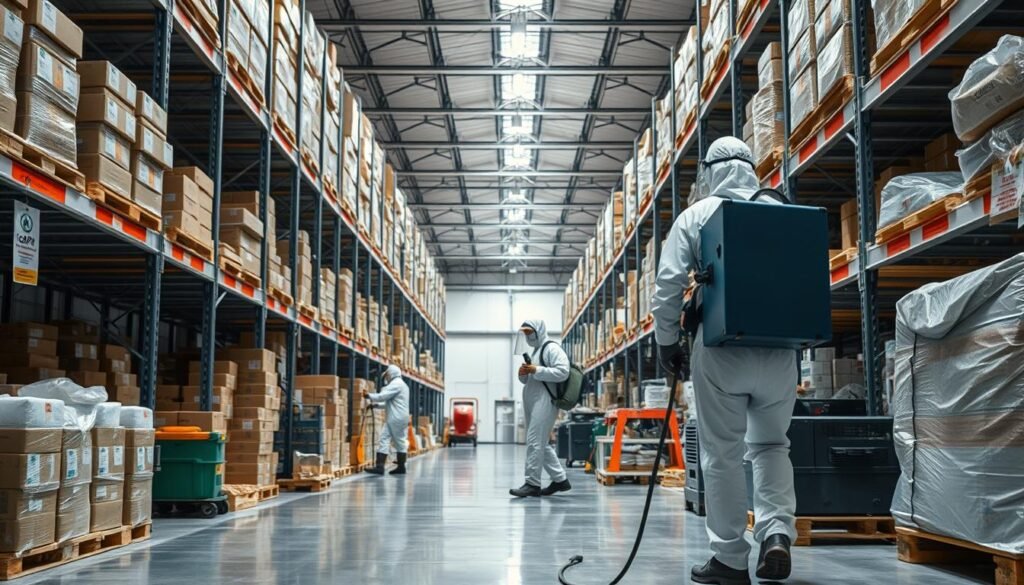 A high-quality, realistic image of the "iCareCPAP" pest control company's warehouse, showcasing their professional pest extermination services. The image should depict a well-lit, modern warehouse interior with rows of shelving, various pest control equipment, and technicians in protective gear carefully inspecting and treating the area. The overall atmosphere should convey a sense of efficiency, cleanliness, and attention to detail, highlighting the importance of the company's work in maintaining a safe and pest-free environment for their clients.