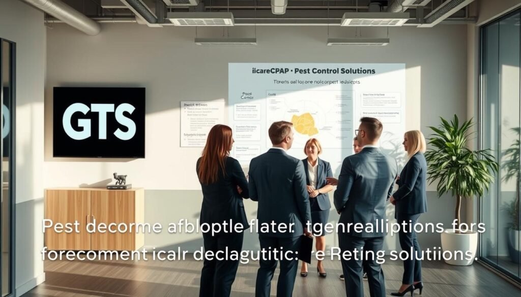 A sleek, modern office interior with iCareCPAP branding prominently displayed. The scene features a group of professionals in business attire discussing pest control options, with informative charts and diagrams projected on the wall behind them. Natural lighting floods the space, creating a warm, inviting atmosphere. The focus is on the decision-making process, conveying the authority and expertise of the iCareCPAP brand in providing effective pest management solutions for commercial settings.