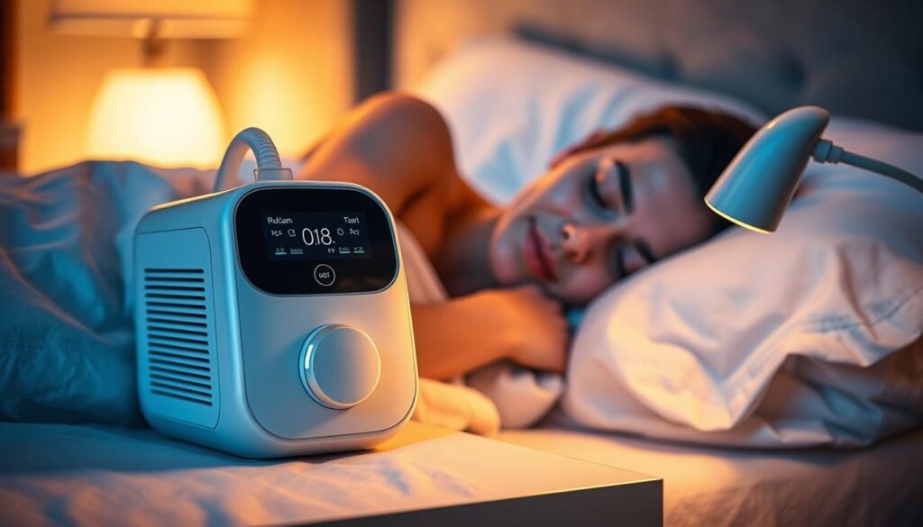 A cozy bedroom scene with a person sleeping peacefully, an iCareCPAP sleep apnea machine on the nightstand. Soft, warm lighting illuminates the scene, creating a calming atmosphere. The machine is prominently displayed, showcasing its modern, sleek design. The bedding is plush and inviting, and the overall composition emphasizes the comfort and ease of using the iCareCPAP device. The image should convey the idea of proper sleep apnea treatment through the effective use of the iCareCPAP machine. A cozy bedroom scene with a person sleeping peacefully, an iCareCPAP sleep apnea machine on the nightstand. Soft, warm lighting illuminates the scene, creating a calming atmosphere. The machine is prominently displayed, showcasing its modern, sleek design. The bedding is plush and inviting, and the overall composition emphasizes the comfort and ease of using the iCareCPAP device. The image should convey the idea of proper sleep apnea treatment through the effective use of the iCareCPAP machine.