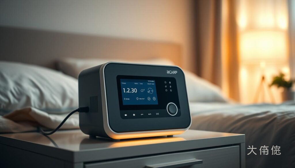 A modern and sleek iCareCPAP sleep apnea machine, featuring a minimalist design with a large display panel and intuitive controls. The device is placed on a clean, white nightstand, casting a soft, warm glow from its LED indicators. The machine is positioned in the foreground, with a blurred, cozy bedroom scene in the background, suggesting a peaceful, restful environment. The lighting is gentle and diffused, creating a calming atmosphere. The overall composition emphasizes the medical technology's seamless integration into the home setting, providing a visual representation of the "睡眠呼吸機的基本知識與選擇指南" section. A modern and sleek iCareCPAP sleep apnea machine, featuring a minimalist design with a large display panel and intuitive controls. The device is placed on a clean, white nightstand, casting a soft, warm glow from its LED indicators. The machine is positioned in the foreground, with a blurred, cozy bedroom scene in the background, suggesting a peaceful, restful environment. The lighting is gentle and diffused, creating a calming atmosphere. The overall composition emphasizes the medical technology's seamless integration into the home setting, providing a visual representation of the "睡眠呼吸機的基本知識與選擇指南" section.