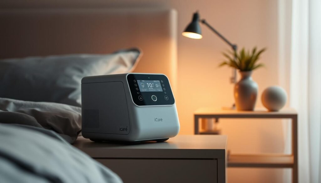 A modern, sleek-looking medical device, an iCareCPAP sleep apnea machine, sits prominently on a minimalist bedside table. The device is illuminated by soft, warm lighting, casting a gentle glow. In the background, a serene, calming bedroom environment with muted colors and clean lines creates a soothing atmosphere. The machine's intuitive controls and display are clearly visible, inviting the user to interact with it. The overall composition conveys a sense of comfort, efficiency, and the machine's integration into the user's personal space, reflecting the importance of selecting the right sleep apnea treatment solution.