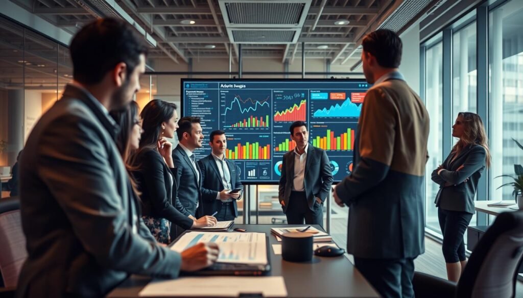 An abstract representation of "advertising strategies" focusing on their significance and importance. In the foreground, visualize a diverse team of professionals in business attire, engaged in a discussion over charts and digital devices, symbolizing collaboration and strategic planning. In the middle, incorporate a large digital screen displaying analytics and advertising metrics, with dynamic graphs and colorful visuals illustrating data-driven decision-making. In the background, create an office environment with modern design elements, soft lighting illuminating the scene, evoking a sense of professionalism and innovation. Use a wide-angle lens perspective to capture the depth of the workspace, emphasizing teamwork and the sophisticated nature of advertising strategies in the digital age. The atmosphere should be focused and energetic, reflecting the critical role of effective advertising in business success.