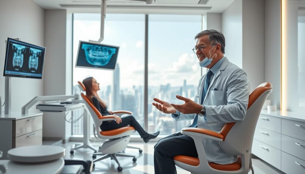A detailed illustration of the "Hong Kong dental implant pre-evaluation process." In the foreground, a patient in professional attire sits in a dental chair, looking at a dentist who is explaining the procedure with an engaging and reassuring demeanor. The middle ground features a sleek, modern dental clinic equipped with advanced technology, such as a digital x-ray screen displaying images of teeth. In the background, a large window offers a view of the bustling Hong Kong skyline, enhancing the sense of location. The lighting is bright and clinical, with soft shadows to create an inviting atmosphere. The angle captures both the patient and the dentist, focusing on their interaction, while maintaining a sense of professionalism and care within the setting.