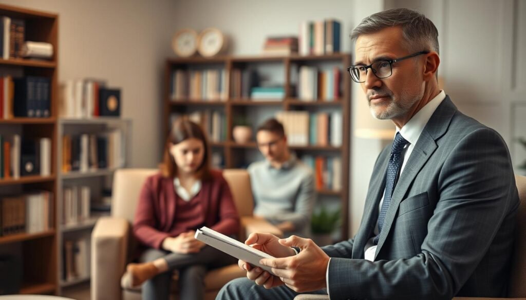 A professional psychiatrist's office during a consultation, with a focus on a middle-aged male psychiatrist in a tailored suit, displaying a compassionate expression while engaging with a young adult patient sitting across from him. The psychiatrist is positioned in the foreground, with a notepad in hand, analyzing the patient's body language. In the middle ground, the patient appears a bit anxious, fidgeting with their hands, sitting in a comfortable chair. The background features bookshelves filled with psychology texts and a calming, neutral color palette. Soft, warm lighting illuminates the room, creating an inviting atmosphere that promotes trust. The overall mood is serious yet supportive, capturing the essence of diagnosing anxiety disorders like panic attacks and social anxiety.