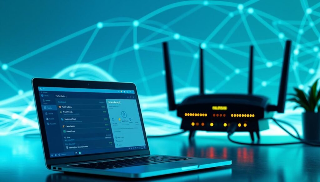 A serene digital workspace scene featuring a stylized representation of the "OceanEsim" network connection environment. In the foreground, a sleek, modern laptop displays network settings and diagnostic tools on its screen, symbolizing the troubleshooting process. The middle ground showcases a high-tech router with glowing indicators, illustrating a stable internet connection. The background features an abstract representation of ocean waves and network lines intertwining, reflecting the digital ocean theme. Soft blue and green lighting casts a calming, professional atmosphere, while the perspective is a slightly elevated angle, enhancing the inclusivity of the scene. The overall mood is focused and analytical, capturing a moment of tech-savvy problem-solving.