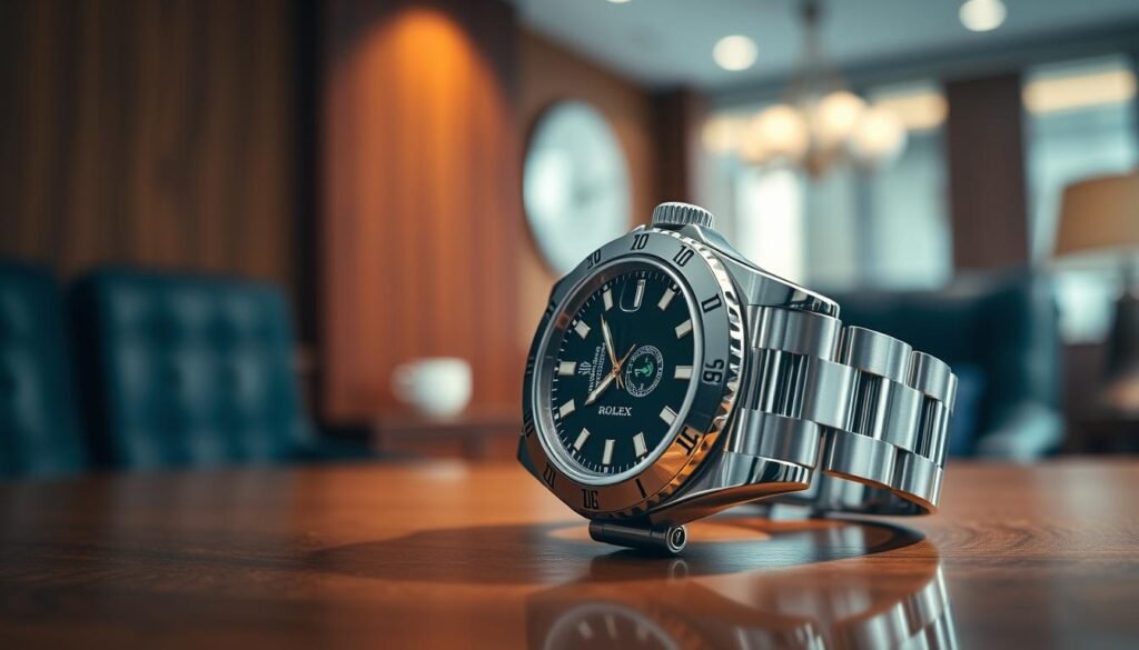 A stunning close-up of a Rolex watch featuring the distinctive green seal, prominently displayed against a luxurious wooden background. The watch is set at an angle to showcase its intricate details, such as the polished stainless steel casing, the luminous hour markers, and the signature Rolex crown. Soft, diffused lighting illuminates the watch, casting subtle reflections on its surface and creating an elegant, upscale atmosphere. In the background, hints of a classy office environment subtly out of focus add depth without distraction. The image conveys a sense of refined quality and prestige, perfectly capturing the essence of Rolex's commitment to excellence. No text or markings are present in the image. A stunning close-up of a Rolex watch featuring the distinctive green seal, prominently displayed against a luxurious wooden background. The watch is set at an angle to showcase its intricate details, such as the polished stainless steel casing, the luminous hour markers, and the signature Rolex crown. Soft, diffused lighting illuminates the watch, casting subtle reflections on its surface and creating an elegant, upscale atmosphere. In the background, hints of a classy office environment subtly out of focus add depth without distraction. The image conveys a sense of refined quality and prestige, perfectly capturing the essence of Rolex's commitment to excellence. No text or markings are present in the image.