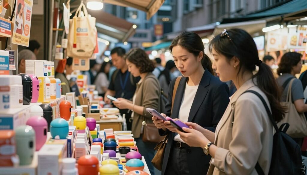 A bustling Hong Kong market scene, focusing on a diverse group of consumers analyzing various personal wellness products, emphasizing vibrancy and interaction. In the foreground, a couple engages in discussion while examining a colorful display of vibrational wellness devices, both dressed in stylish yet professional attire, showcasing modern consumer behavior. The middle ground features various market stalls with a variety of wellness items, surrounded by shoppers of various ages and backgrounds, reflecting the growing interest in personal care. The background displays iconic Hong Kong architecture, subtly illuminated by warm, inviting lighting to create a cozy, intimate atmosphere. A cinematic angle captures the lively environment, with attention to detail in the product packaging and consumer expressions. The image should convey a sense of market demand and consumer exploration.