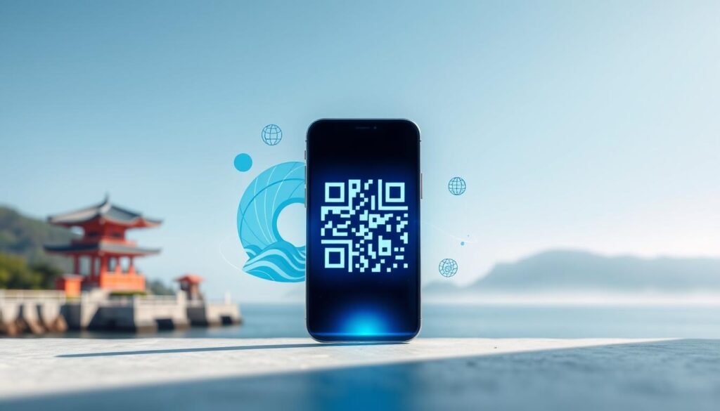 An abstract representation of the concept of "OceanEsim" in Japan, capturing the essence of seamless mobile connectivity during travel. The foreground features a stylized smartphone displaying a dynamic QR code, emanating a glowing blue light, symbolizing digital ease and technology. In the middle, illustrated elements like a globe and waves intertwine, reflecting the ocean theme and connectivity across borders. The background depicts a serene coastal landscape in Japan, showcasing iconic elements like cherry blossoms and gentle waves under a bright, clear sky. The image is well-lit with a soft, inviting glow, creating a tranquil yet vibrant atmosphere ideal for travelers. Focus on a balanced composition with a slight depth of field effect to emphasize the smartphone and QR code.