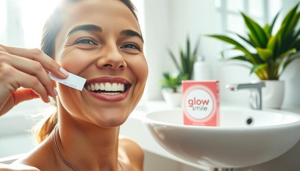 A close-up view of a person applying "Glow Smile" teeth whitening strips in a bright, serene bathroom setting. In the foreground, the individual's face shows an expression of satisfaction, emphasizing a vibrant, confident smile, showcasing the whitening product's effectiveness. The middle ground features the "Glow Smile" packaging elegantly displayed next to the bathroom sink, reflecting luxury and professionalism. Soft, natural lighting illuminates the scene, creating a clean and inviting atmosphere. The background shows a well-organized bathroom with plants and modern decor, suggesting a healthy lifestyle. The camera angle captures the beauty of the overall setting while focusing on the teeth and smile, highlighting the innovation and quality of the whitening strips.