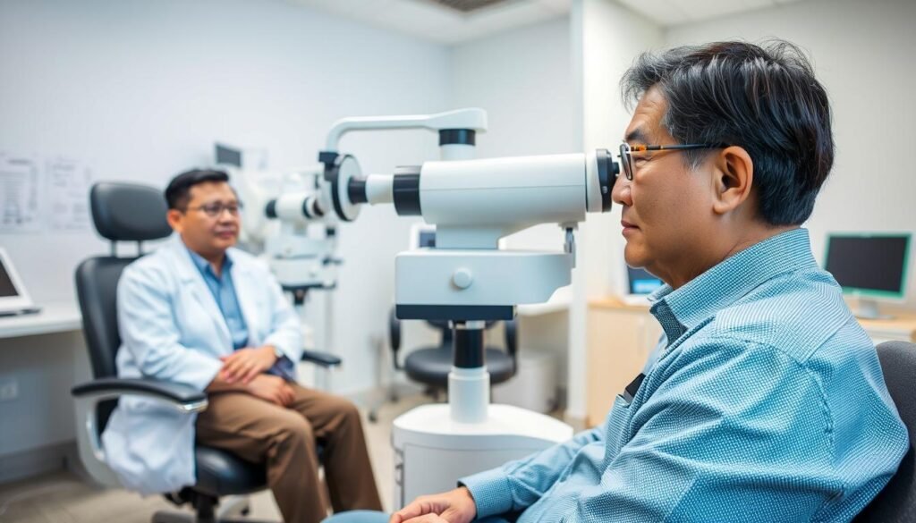 A professional eye examination procedure in a modern clinic setting. In the foreground, a patient, a middle-aged Asian man, is seated in a comfortable examination chair, wearing modest casual clothing, looking slightly anxious yet hopeful. In the middle ground, a well-dressed female ophthalmologist in a white lab coat, glasses, and professional attire, attentively examines the patient’s eyes using advanced diagnostic equipment, such as a slit lamp. The background features a clean, well-lit room with medical posters on the walls and high-tech monitoring devices, creating an atmosphere of professionalism and care. Soft, focused lighting highlights the action, while a slight depth of field blurs the background to emphasize the interaction between doctor and patient, conveying the importance of seeking specialized eye care.