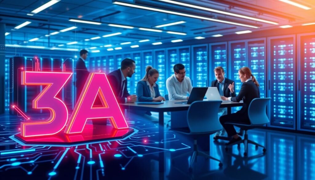 A visually engaging illustration depicting the concept of "3A" in a professional business environment. In the foreground, a sleek digital interface showcases the logo "3A" with dynamic, glowing elements representing low-latency gaming technologies. The middle layer features a diverse group of professionals in business attire enthusiastically discussing server optimization strategies around a modern conference table, with laptops and digital displays visible. The background includes a high-tech data center, with rows of servers illuminated by cool, blue lighting, emphasizing a futuristic atmosphere. The overall mood is collaborative and innovative, conveying the importance of optimizing server configurations for an enhanced gaming experience, with clear focus and sharp detail.