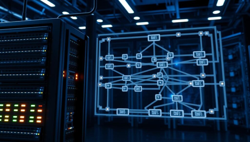 High-availability architecture design for 3A entertainment servers, focusing on an intricate network diagram visualized in a digital format. In the foreground, a 3D server rack clustered with glowing indicators, representing uptime and performance metrics. The middle layer showcases interconnected nodes and routing paths, demonstrating load balancers and redundant systems with glowing lines symbolizing data flow. The background features a dark, tech-inspired environment with blue and silver tones, enhanced by futuristic lighting that casts highlights on the diagram. The mood is professional and secure, embodying reliability and sophistication. The angle is slightly tilted to provide depth, emphasizing the complexity and elegance of the design. High-availability architecture design for 3A entertainment servers, focusing on an intricate network diagram visualized in a digital format. In the foreground, a 3D server rack clustered with glowing indicators, representing uptime and performance metrics. The middle layer showcases interconnected nodes and routing paths, demonstrating load balancers and redundant systems with glowing lines symbolizing data flow. The background features a dark, tech-inspired environment with blue and silver tones, enhanced by futuristic lighting that casts highlights on the diagram. The mood is professional and secure, embodying reliability and sophistication. The angle is slightly tilted to provide depth, emphasizing the complexity and elegance of the design.