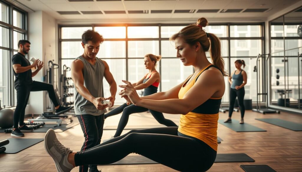 A dynamic physiotherapy scene in Wan Chai, featuring a diverse group of athletic individuals engaging in active rehabilitation exercises. In the foreground, a trainer assists a young adult male in a neat gym environment, focusing on joint stability exercises, while a middle-aged woman is performing stretches on a mat. The middle ground showcases various exercise equipment and mats, emphasizing a professional and modern clinic. The background is filled with large windows allowing natural light to flood the room, creating an uplifting and motivational atmosphere. Use a warm, soft lighting to enhance the sense of wellness and recovery, with a wide-angle lens to capture the comprehensive scope of the rehabilitation studio. The overall mood is energetic and focused, reflecting a strong commitment to injury prevention and active recovery.