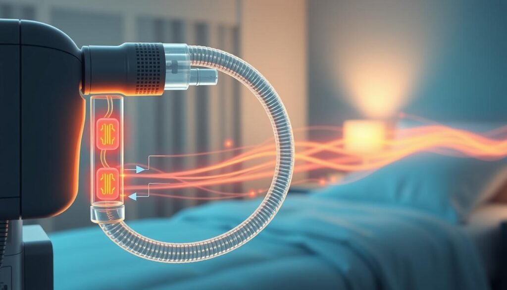 A detailed and accurate illustration depicting the operation principle of a heated breathing machine tubing system. In the foreground, visualize a close-up of the intricate tubing connected to a modern CPAP machine, showcasing the heating elements integrated within the tubing. In the middle ground, illustrate the seamless flow of air, represented by soft, glowing lines to indicate warmth. The background should feature a softly lit, clean medical environment, perhaps with a faint outline of a patient sleep area. Use cool, calming colors to evoke a sense of comfort and safety, while employing a professional and clinical atmosphere. The overall composition should convey the functionality and effectiveness of the breathing machine's heated tube feature, emphasizing clarity and precision in its technical design.